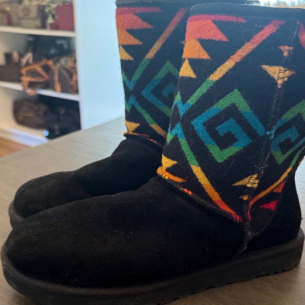UGG Black Ankle Boots with Vibrant Tribal Patterns